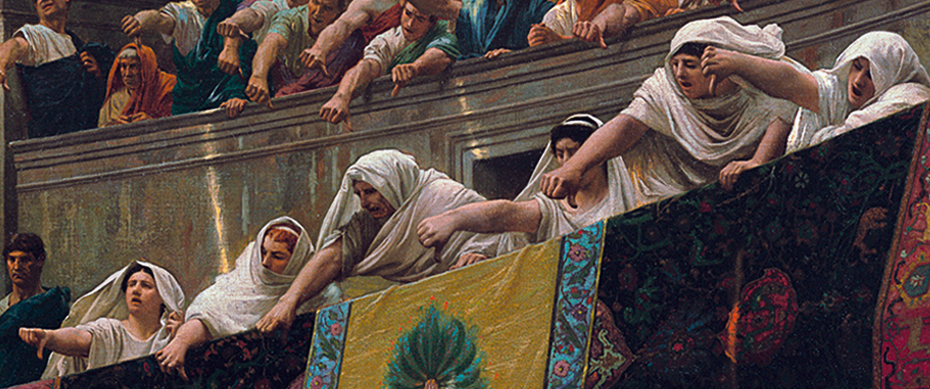 An 1872 oil painting of a gladiator fight in the Roman Colosseum. The original paining shows a whole scene including the gladiator, his defeated enemies, the emperor, and a raucous crowd, but this image is a zoomed-in subset, just showing six vestal virgins who are emphatically making thumbs-down motions with their hands with annoyed looks on their faces. I'm the vestals in this situation.