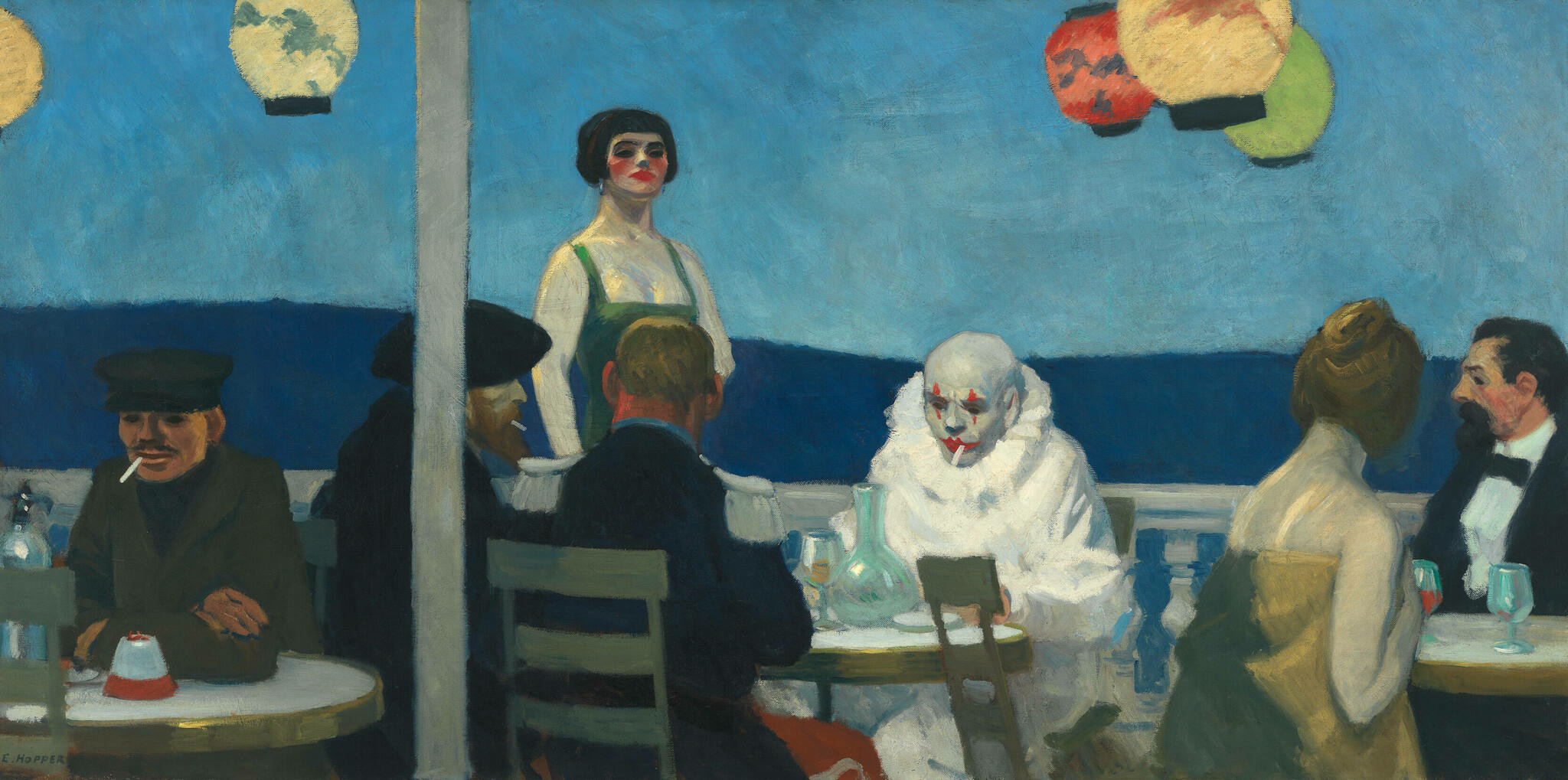 A 1914 painting depicting the terrace of a café in France. Seven people wearing different period-appropriate outfits are pictured. Notably none of them are interacting with each other. Center left is a woman standing proudly in a green dress. But the lighting draws your focus to a clown sitting center-right, wearing bright white clothing and white face makeup. The clown's expression is somber and focused, with knit eyebrows and a cigarette in his mouth. I'm the clown in this situation.