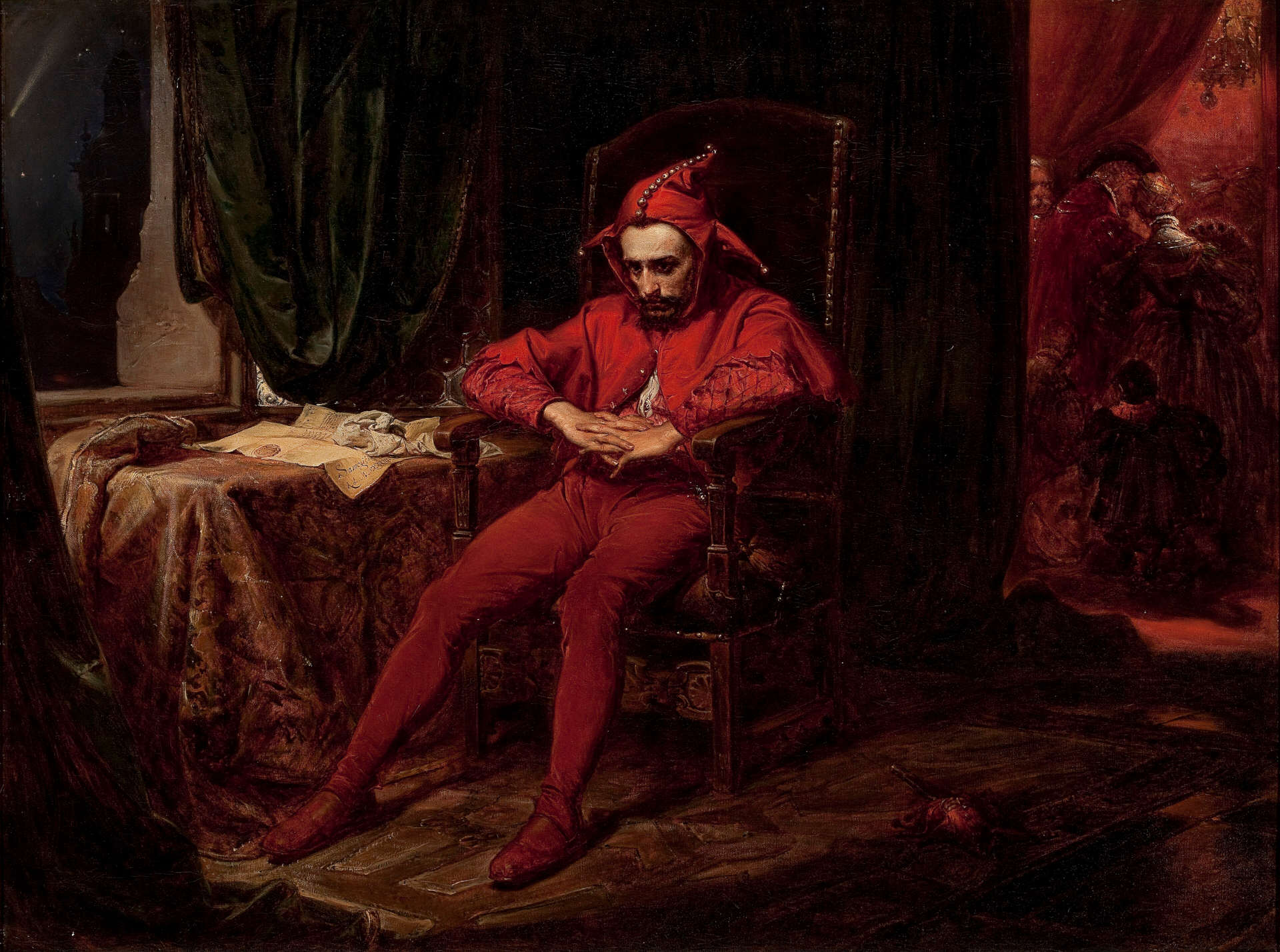An 1862 painting of a Polish court jester sitting in a small room. He is slouching in a chair and looking solemn, while a party can be seen continuing on in an adjacent room. A letter is crumpled on his table, which announced the fall of Smolensk (his home town) to Russia in 1514. I'm the jester in this situation.